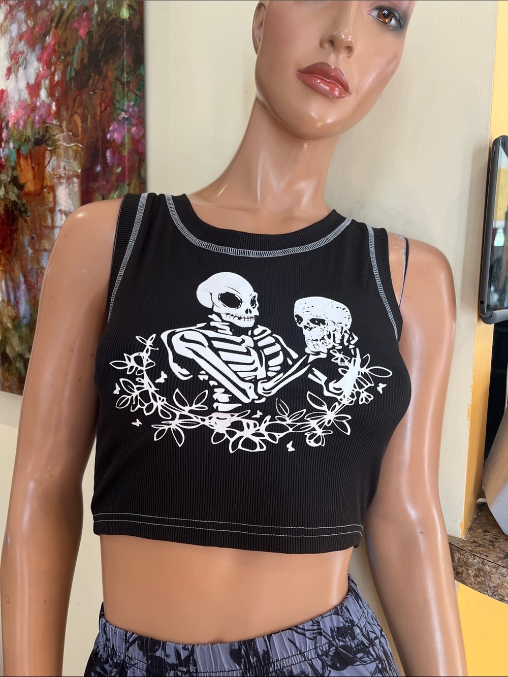 Black Graphic Skeleton Crop Tank Top -S  skull goth gothic nwt